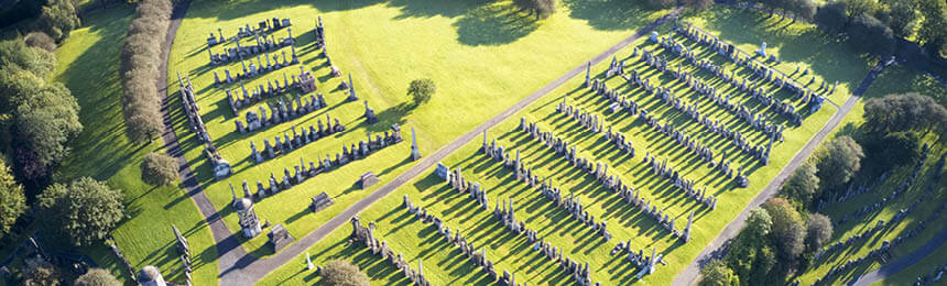 Aerial View of Cemetery with Green Fields