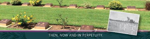 Australian War Graves at a Cemetery. Quote in Image "Then, now and in perpetuity".